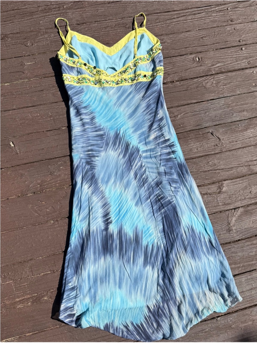 Vintage BCBG MaxAzria Blue Tie-Dye Slip Dress with Yellow Beaded Trim Size 6 VTG - Picture 3 of 4